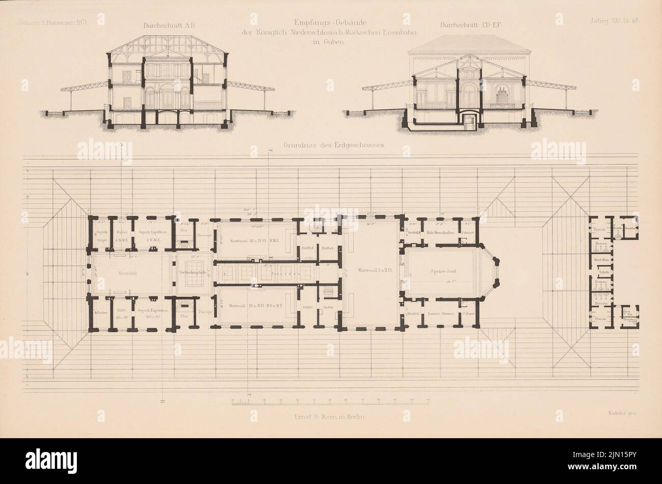 N.N., New reception building of the Royal Lower Silesian-Märkische Railway, Berlin. (From: Atlas to the magazine for Building, ed. V. G. Erbkam, born (1871-1871): floor plan, cut A B, cut C D E F. Stich on paper, 29.1 x 43.9 cm (incl. Scan edges ) N.N. : Neues Empfangsgebäude der Königlich Niederschlesisch-Märkischen Eisenbahn, Guben.  (Aus: Atlas zur Zeitschrift für Bauwesen, hrsg. v. G. Erbkam, Jg. 21, 1871) Stock Photo