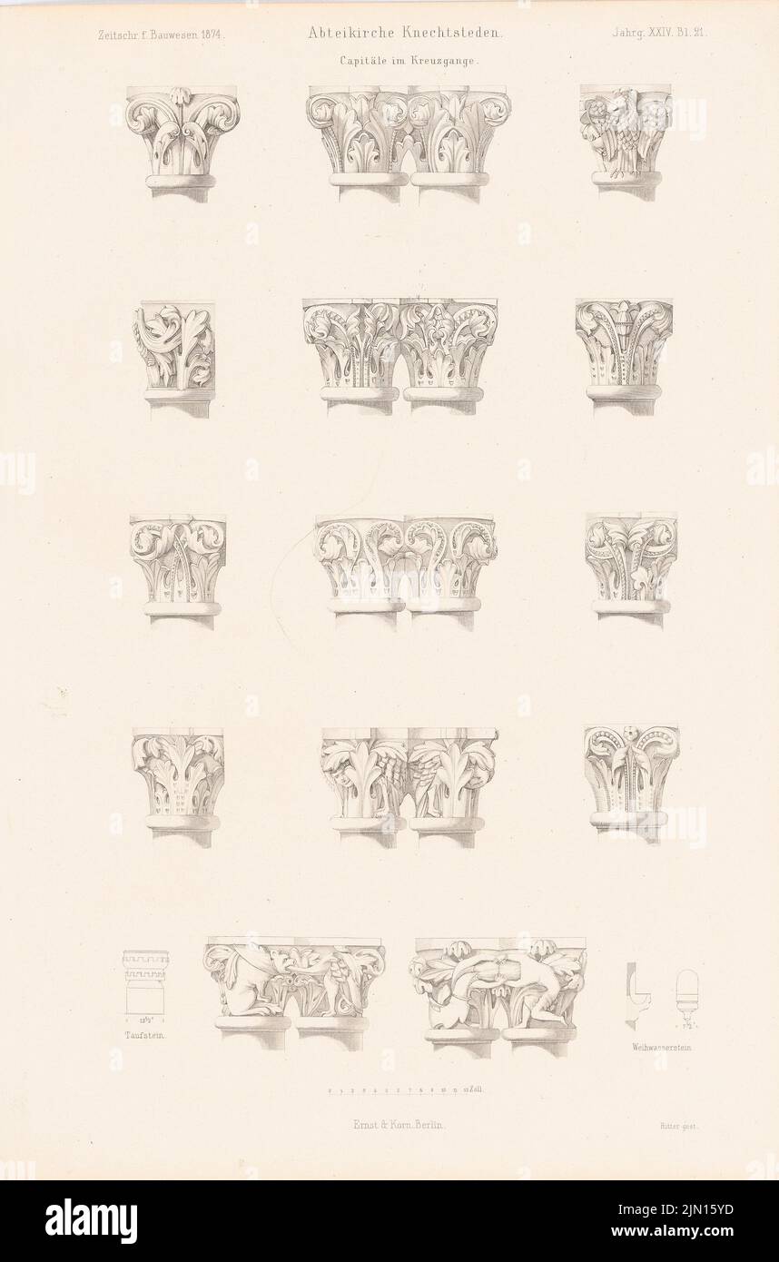 N.N., Abbey Church Knechtsteden, Delhovem. (From: Atlas to the magazine for Building, ed. V. G. Erbkam, Jg. 24, 1874.) (1874-1874): Views capitals, details. Stitch on paper, 43.6 x 28.8 cm (including scan edges) N.N. : Abteikirche Knechtsteden, Dormagen. (Aus: Atlas zur Zeitschrift für Bauwesen, hrsg. v. G. Erbkam, Jg. 24, 1874) Stock Photo