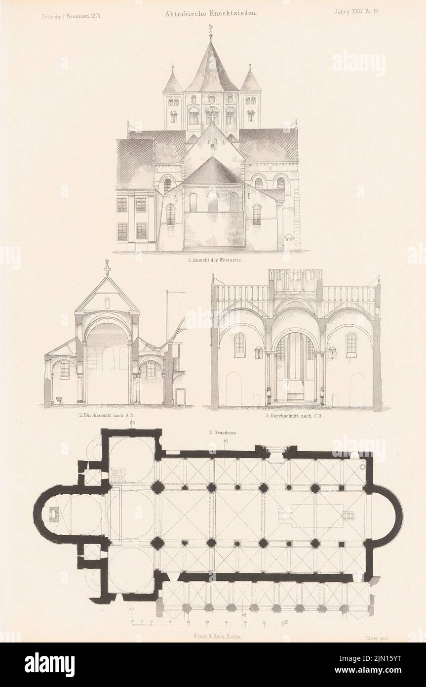 N.N., Abbey Church Knechtsteden, Delhoven. (From: Atlas to the magazine for Building, ed. V. G. Erbkam, Jg. 24, 1874.) (1874-1874): floor plan, view from west, cut A B, Cut C D. Stich on paper, 43.3 x 28.8 cm (including scan edges) N.N. : Abteikirche Knechtsteden, Dormagen. (Aus: Atlas zur Zeitschrift für Bauwesen, hrsg. v. G. Erbkam, Jg. 24, 1874) Stock Photo