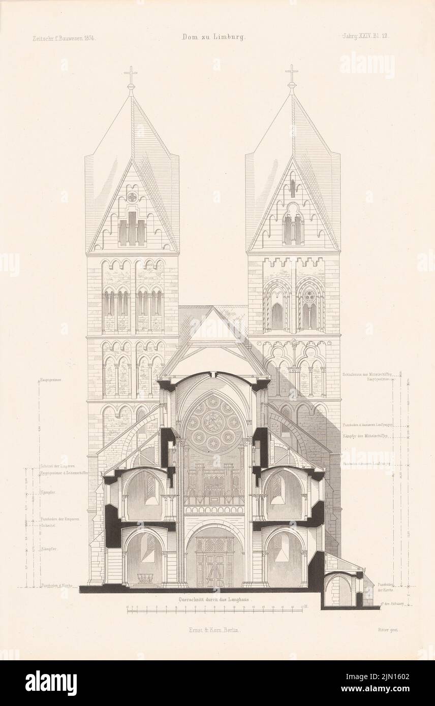 N.N., Limburg Cathedral. (From: Atlas to the magazine for Building, ed. V. G. Erbkam, Jg. 24, 1874.) (1874-1874): cross-section through the nave. Stitch on paper, 43.4 x 28.6 cm (including scan edges) N.N. : Limburger Dom. (Aus: Atlas zur Zeitschrift für Bauwesen, hrsg. v. G. Erbkam, Jg. 24, 1874) Stock Photo