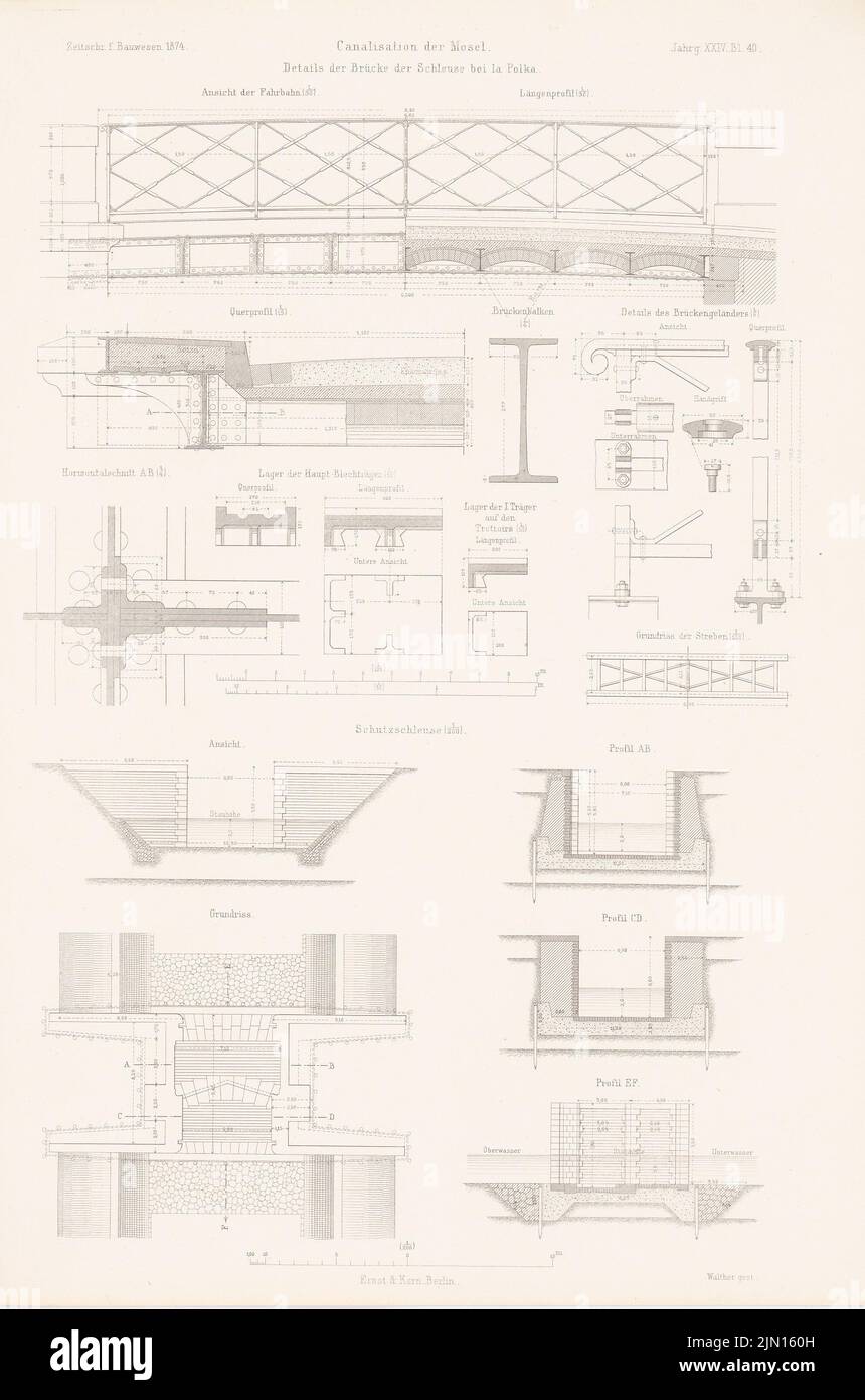 N.N., Canalization of the Moselle, Polka. (From: Atlas to the magazine for Building, ed. V. G. Erbkam, Jg. 24, 1874.) (1874-1874): floor plan, view, cuts, details. Stitch on paper, 43.3 x 28.6 cm (including scan edges) N.N. : Kanalisierung der Mosel, Polka. (Aus: Atlas zur Zeitschrift für Bauwesen, hrsg. v. G. Erbkam, Jg. 24, 1874) Stock Photo