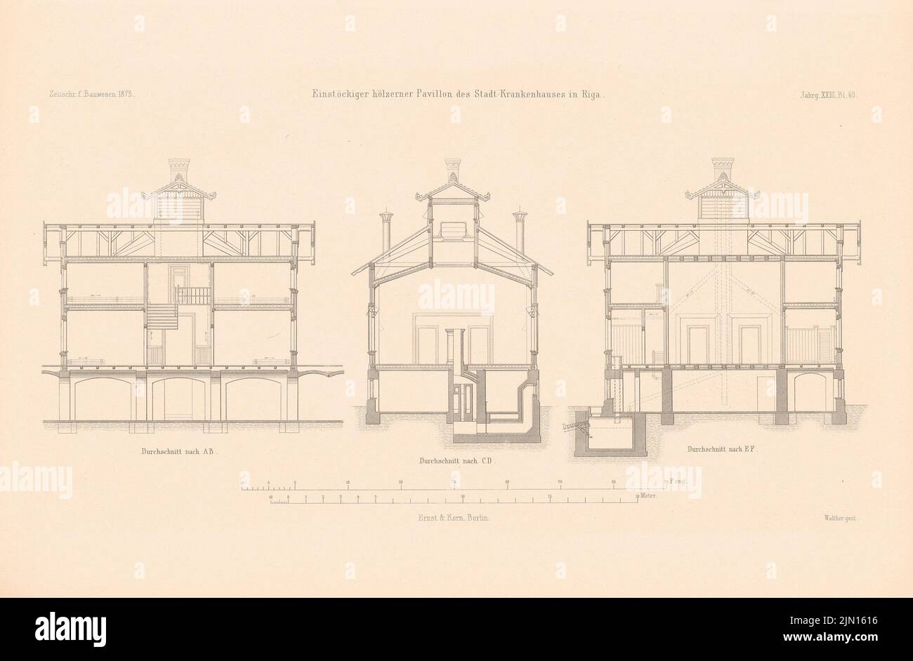 N.N., City Hospital, Riga. (From: Atlas to the magazine for Building, ed. V. G. Erbkam, Jg. 23, 1873.) (1873-1873): Cutting A B, Cutting C D, Cutting E F. Stich on paper, 28.6 x 43, 6 cm (including scan edges) N.N. : Stadtkrankenhaus, Riga. (Aus: Atlas zur Zeitschrift für Bauwesen, hrsg. v. G. Erbkam, Jg. 23, 1873) Stock Photo