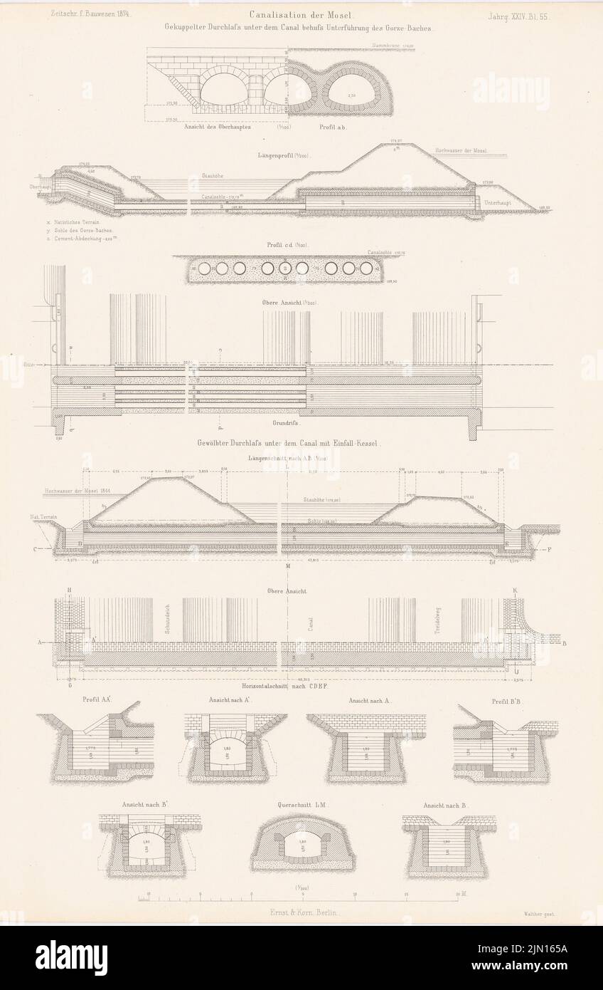 N.N., sewerage of the Moselle, Gorze. (From: Atlas to the magazine for Building, ed. V. G. Erbkam, Jg. 24, 1874.) (1874-1874): floor plan, views, cuts underpass near Gorze. Stitch on paper, 43.8 x 28.6 cm (including scan edges) N.N. : Kanalisation der Mosel, Gorze. (Aus: Atlas zur Zeitschrift für Bauwesen, hrsg. v. G. Erbkam, Jg. 24, 1874) Stock Photo