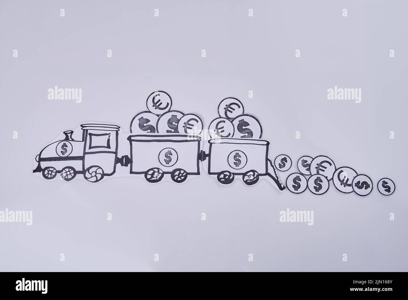 Sketch of train with dollar and euro signs. Locomotive with wagons on white background. Stock Photo