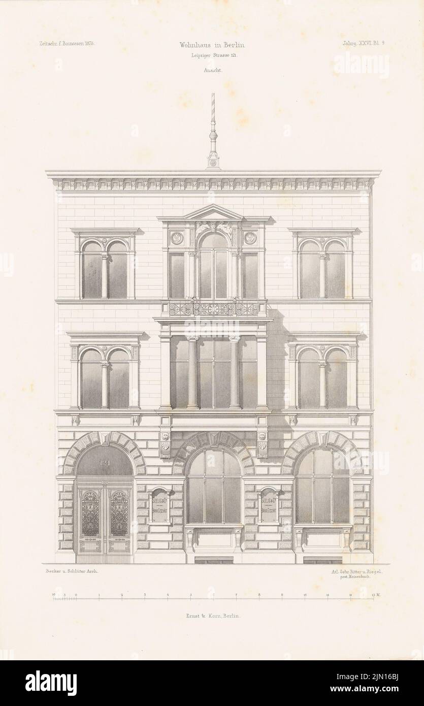 Becker & Schlüter, Leipziger Straße residential building, Berlin. (From: Atlas to the magazine for Building, ed. V.F. Endell, Jg. 26, 1876.) (1876-1876): View. Stitch on paper, 45.5 x 29.2 cm (including scan edges) Becker & Schlüter : Wohnhaus Leipziger Straße, Berlin. (Aus: Atlas zur Zeitschrift für Bauwesen, hrsg. v. F. Endell, Jg. 26, 1876) Stock Photo