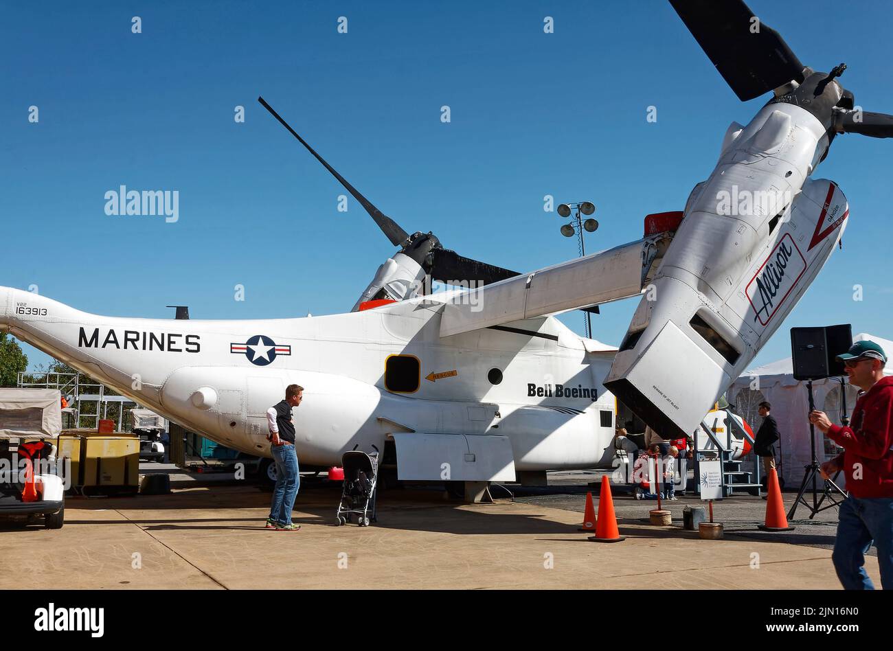Marine Boeing V-22 Osprey helicopter, Marines, troop transport, unique design, rotary-wing aircraft, transportation, military, Helicopter Museum; Penn Stock Photo
