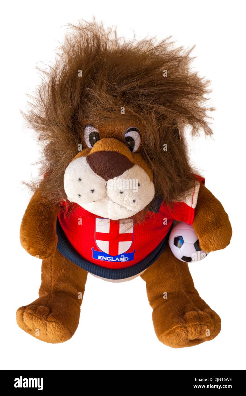 Posh Paws England Football Lion Plush Soft Toy Mascot Red Shirt No. 7 isolated on white background Stock Photo