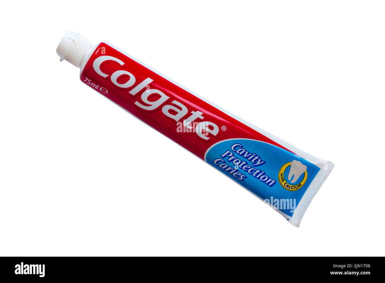 tube of new look Colgate Cavity Protection toothpaste fluoride toothpaste isolated on white background Stock Photo