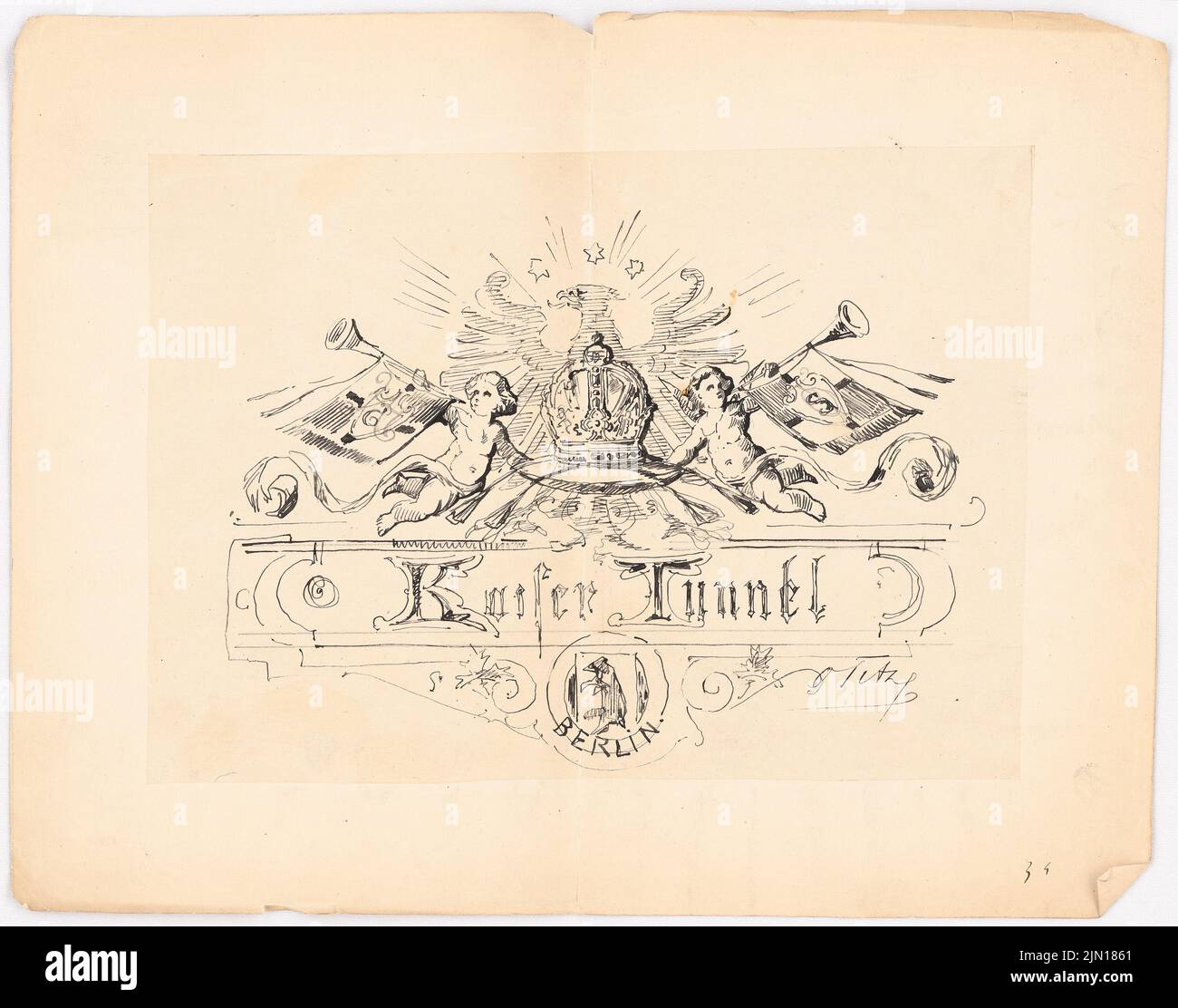 Titz Oskar (1845-1887), map on the occasion of the opening of the Kaiser Wilhelm tunnel (without date): two putti hold the imperial crown. Ink on transparent, 22.6 x 28.8 cm (including scan edges) Titz Oskar  (1845-1887): Karte zum Anlass der Eröffnung des Kaiser-Wilhelm-Tunnels Stock Photo
