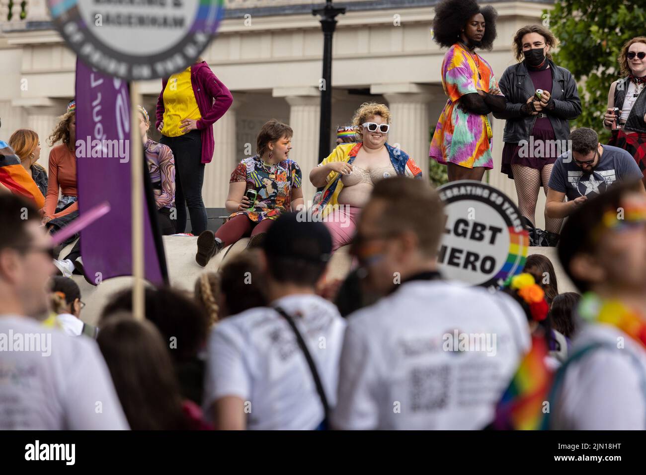 Pride London 2022: the annual march is a celebration for the lesbian, gay, bi-sexual, trans community.  This photo shows people lining the streets wat Stock Photo