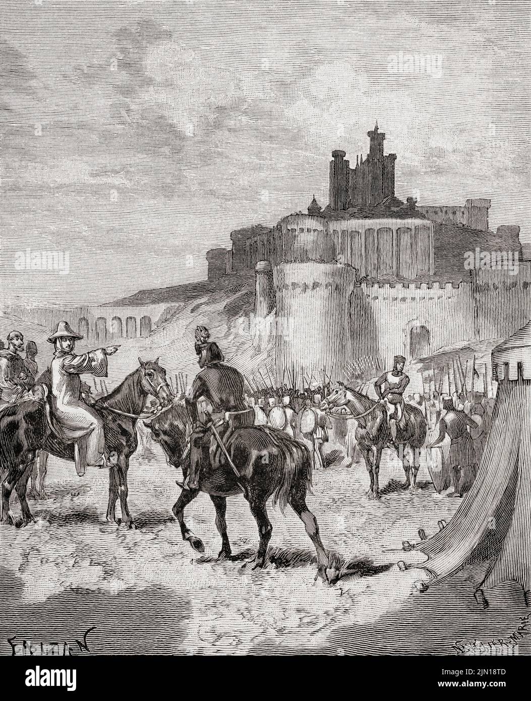 The Abbot of Citeaux, Arnaud Amalric and the Crusader army on the outskirts of Beziers before the Massacre at Beziers, 22 July 1209, during The Albigensian Crusade or the Cathar Crusade.   Amalric, when asked how to distinguish Cathars from Catholics, responded, 'Kill them all! God will know his own.'  From Histoire de France, published 1855. Stock Photo