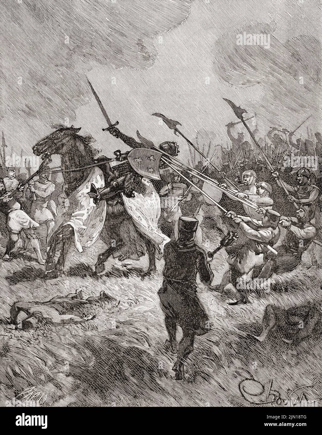 Philip II of France risking his life during the Battle of the Bouvines, 1214.  Philip II, 1165 – 1223, byname Philip Augustus.  King of France, 1180 - 1223.  From Histoire de France, published 1855. Stock Photo