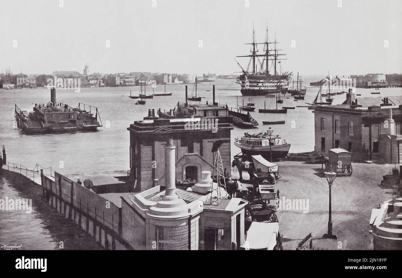 Portsmouth, Hampshire, England.  General view of the harbour, showing Nelson's battleship 'The Victory' in the 19th century.  From Around The Coast,  An Album of Pictures from Photographs of the Chief Seaside Places of Interest in Great Britain and Ireland published London, 1895, by George Newnes Limited. Stock Photo