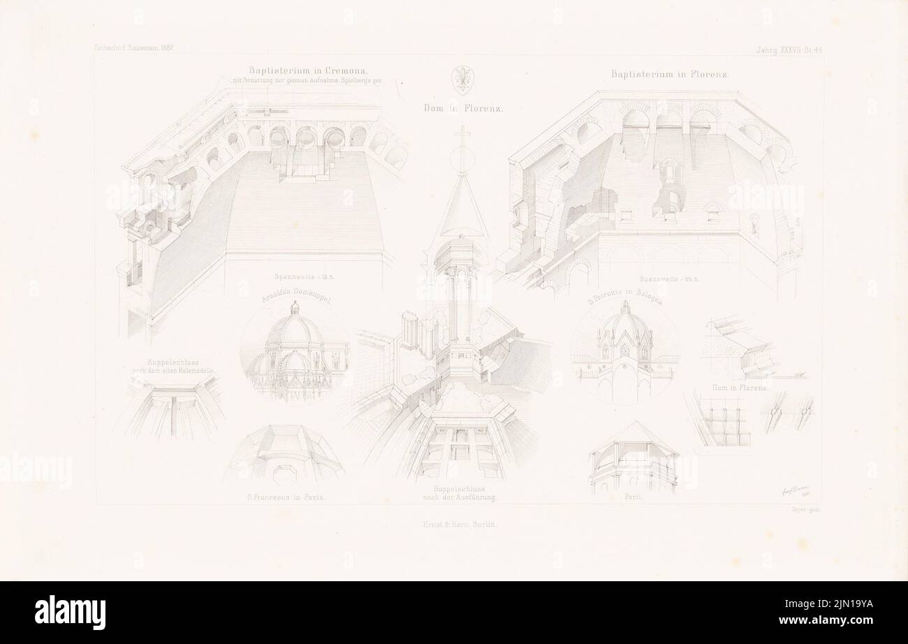 N.N., Baptisterium, Cremona. Baptistery, Florence. S. Francesco, Pavia. Cathedral, Florence. Church, Forli. S. Petronio, Bologna. (From: Atlas to the magazine for (1887-1887): Views, perspective cuts, details coupling. Stitch on paper, 29.4 x 45.8 cm (incl. Scan edges) N.N. : Baptisterium des Doms, Cremona. Baptisterium, Dom, Florenz. S. Francesco, Pavia. Kirche, Forli. S. Petronio, Bologna. (Aus: Atlas zur Zeitschrift für Bauwesen, hrsg. v. F. Endell, Jg. 37, 1887) Stock Photo