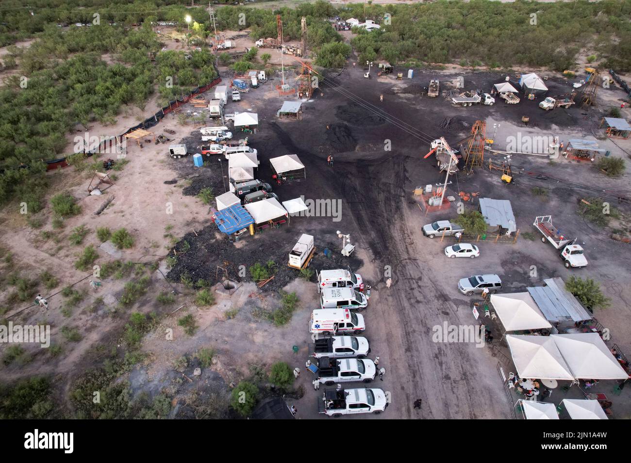A general view shows the mine shaft of a coal mine that collapsed leaving miners trapped, in Sabinas, in Coahuila state, Mexico, August 8, 2022. REUTERS/Luis Cortes Stock Photo