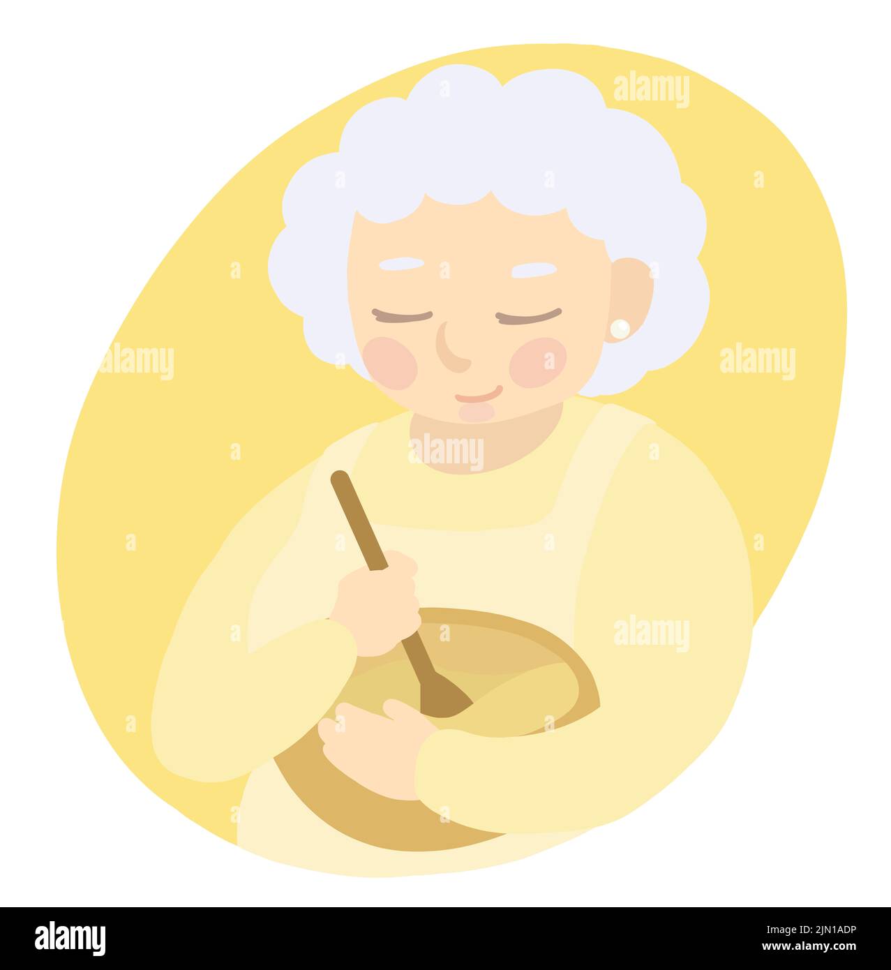 Illustration of a granny baking, mixing batter in a bowl. Stock Photo