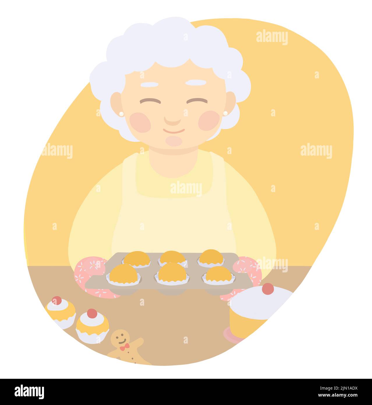 Illustration of grandmother holding tray of cupcakes. Stock Photo