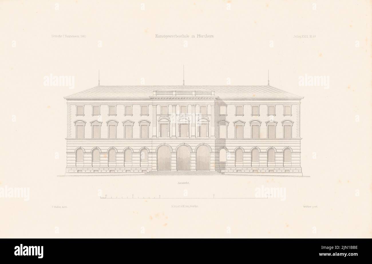 Müller Carl, School of Art, Pforzheim. (From: Atlas to the magazine for Building, ed. V. G. Erbkam, Jg. 30, 1880) (1880-1880): View. Stitch on paper, 29.2 x 45.6 cm (including scan edges) Müller Carl : Kunstgewerbeschule, Pforzheim. (Aus: Atlas zur Zeitschrift für Bauwesen, hrsg. v. G. Erbkam, Jg. 30, 1880) Stock Photo