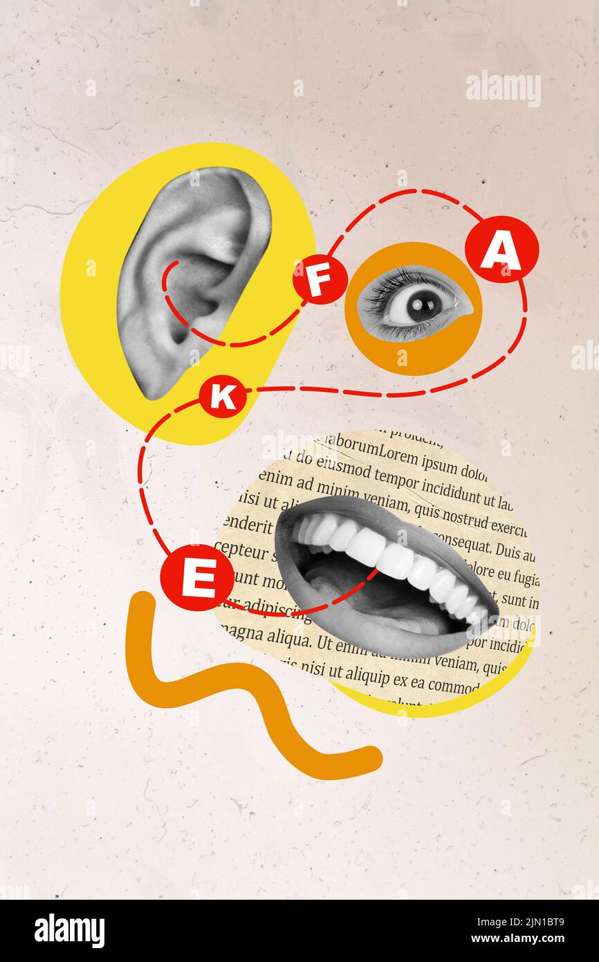 Vertical collage illustration of human facial parts mouth eye ear black