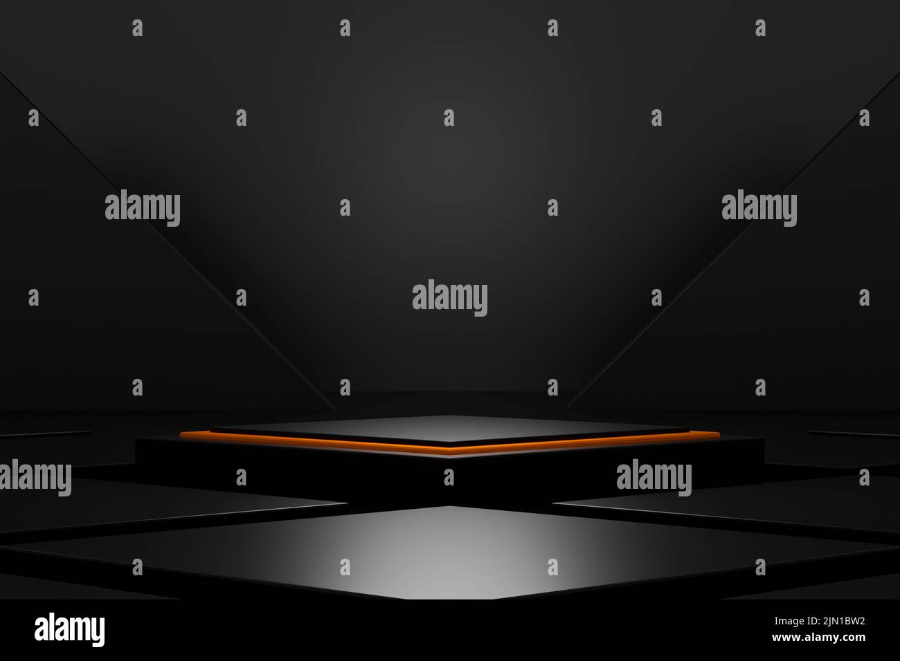 black geometric stage podium and neon light. dark scientific background ...