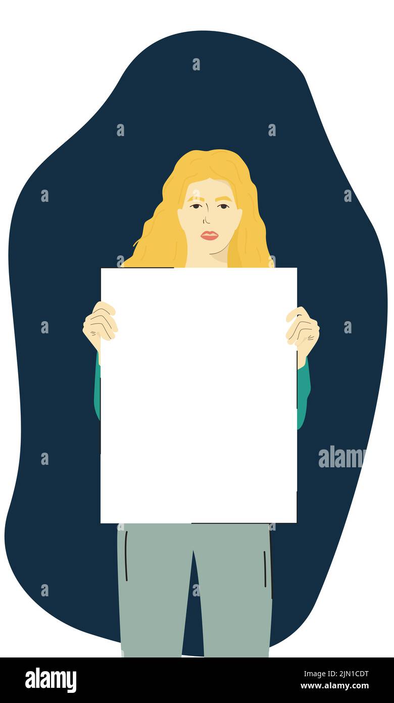 Woman holding a blank poster in her hands at a protest. A place for your text. Stock Vector