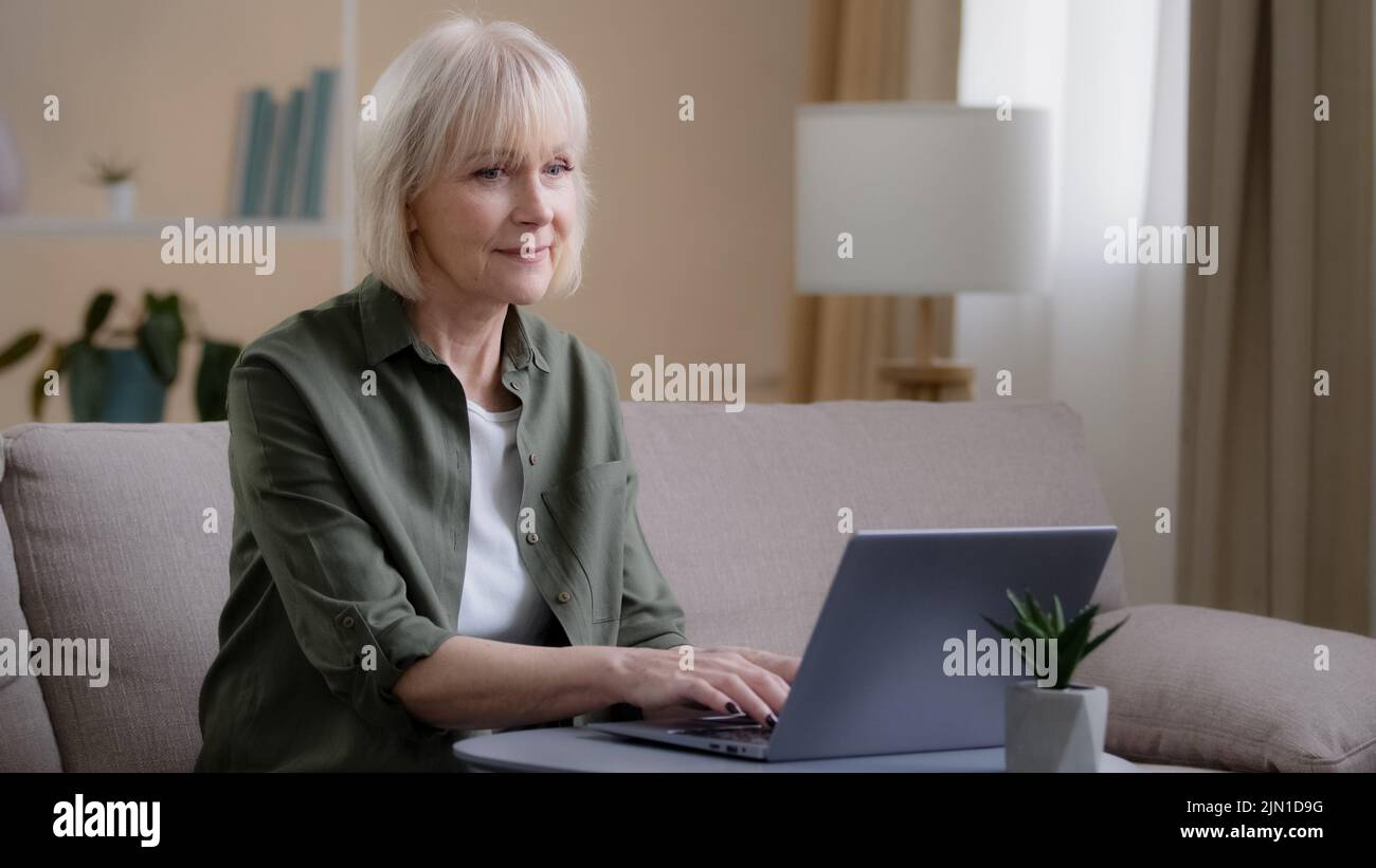 Middle aged shocked amazed exited business woman working distant with laptop feel surprise unbelievable good news. Senior old Caucasians female with Stock Photo