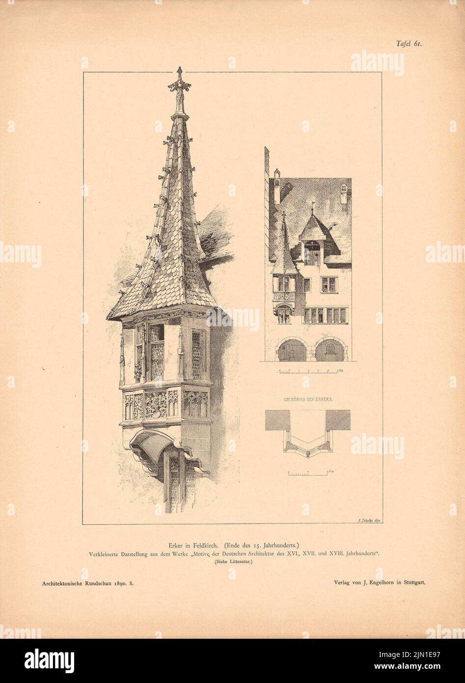N.N., Erker, Feldkirch. (From: Architect. Rundschau, ed. V. Eisenlohr & Weigle, 1890) (1890-1890): Perspective view, floor plan. Pressure on paper, 39 x 28.4 cm (including scan edges) N.N. : Erker, Feldkirch. (Aus: Architekt. Rundschau, hrsg.v. Eisenlohr & Weigle, 1890) Stock Photo