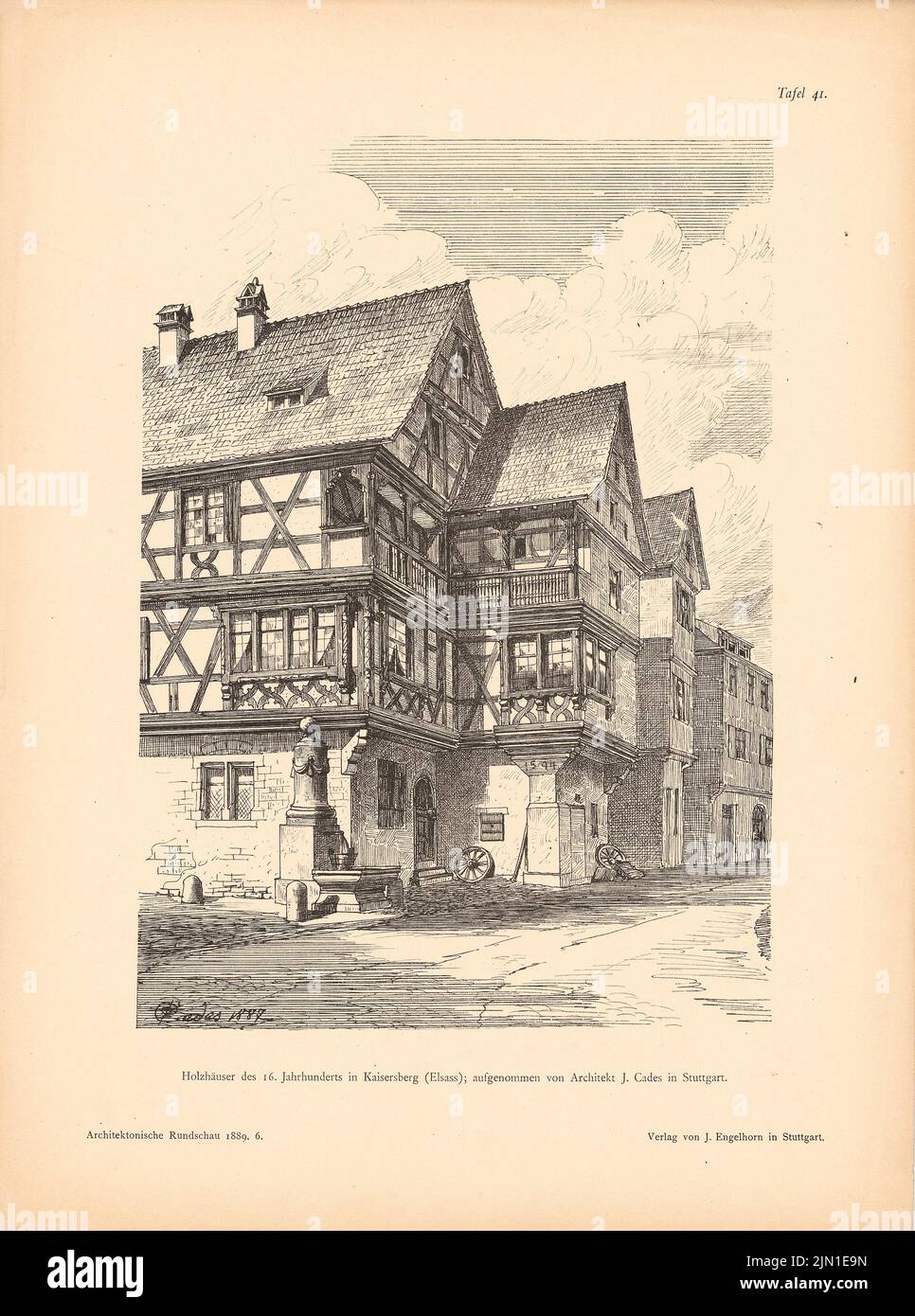 Cades J., wooden houses of the 16th century, Kaysersberg. (From: Architect. Rundschau, ed. V. Eisenlohr & Weigle, 1889) (1887): Perspective view. Pressure on paper, 38.8 x 28.9 cm (including scan edges) Cades J. : Holzhäuser des 16. Jahrhunderts, Kaysersberg. (Aus: Architekt. Rundschau, hrsg.v. Eisenlohr & Weigle, 1889) Stock Photo