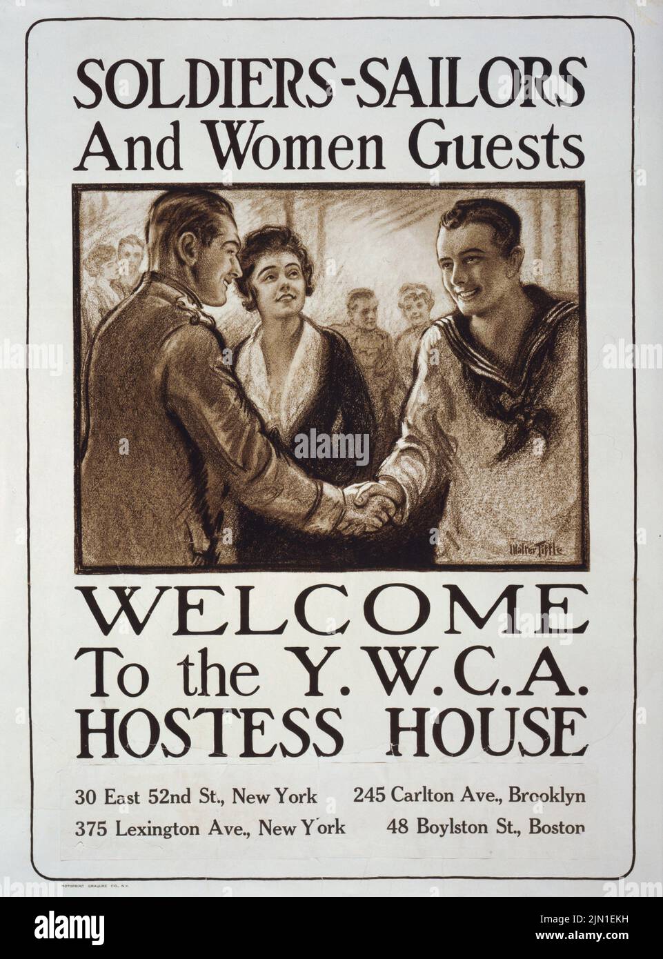 Soldiers - sailors and women guests – Welcome to the Y. W. C. A. hostess house (1917) American World War I era poster by Walter Tittle Stock Photo