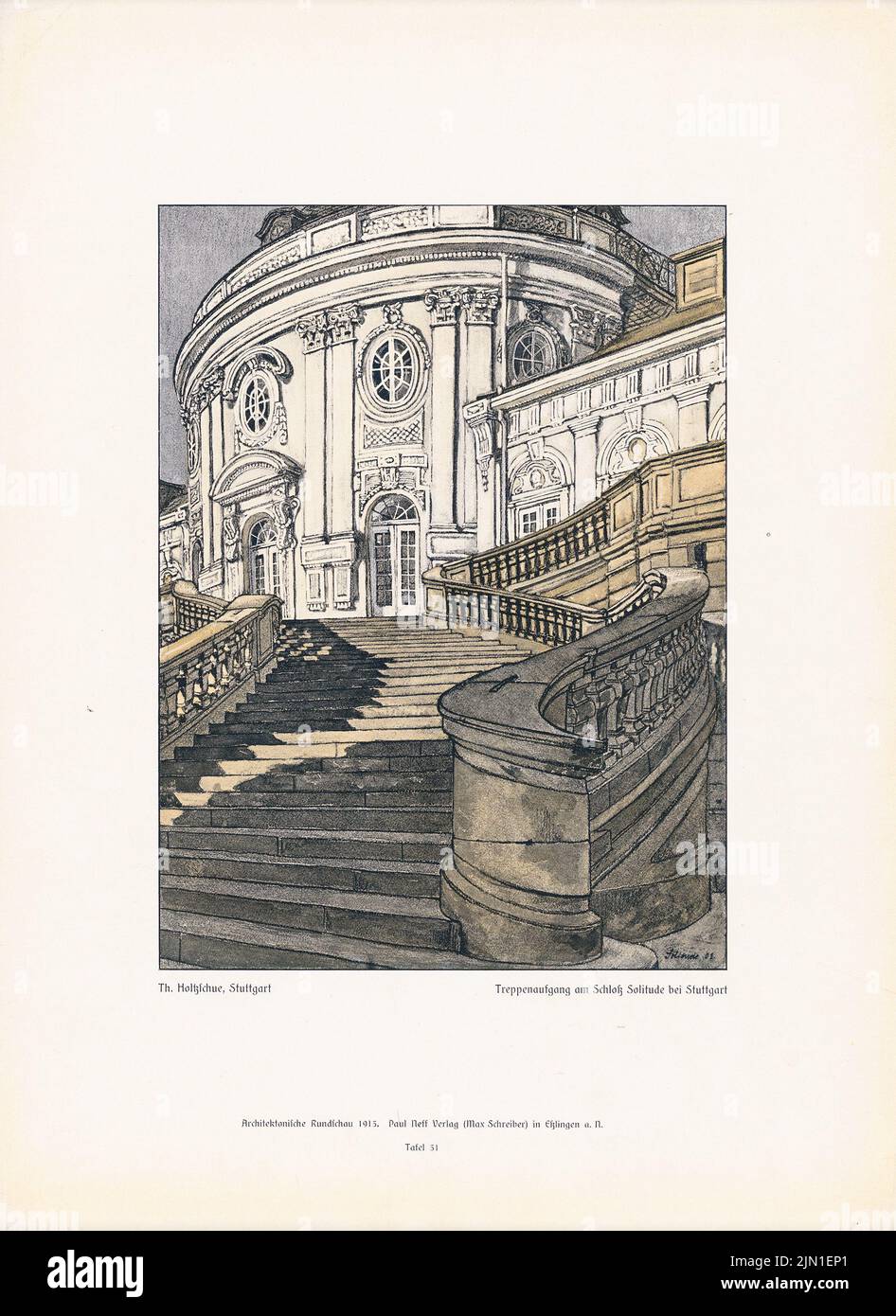 Holtzschue Th., Staircase Castle Solitude, Stuttgart. (From: Architect. Rundschau, ed. V. Eisenlohr & Weigle, 1913) (1913-1913): Perspective view. Print colored on paper, 39.1 x 28.5 cm (including scan edges) Holtzschue Th. : Treppenaufgang Schloss Solitude, Stuttgart. (Aus: Architekt. Rundschau, hrsg.v. Eisenlohr & Weigle, 1913) Stock Photo