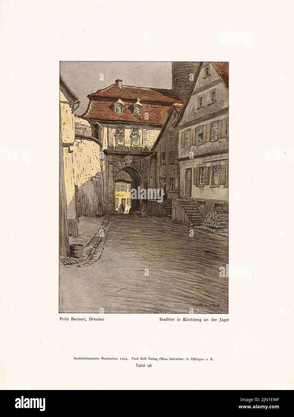 Beckert Fritz, city gate, Kirchberg/Jagst. (From: Architect. Rundschau, ed. V. Eisenlohr & Weigle, 1914) (1905): Perspective view. Print colored on paper, 32.5 x 24.6 cm (including scan edges) Beckert Fritz : Stadttor, Kirchberg/Jagst. (Aus: Architekt. Rundschau, hrsg.v. Eisenlohr & Weigle, 1914) Stock Photo