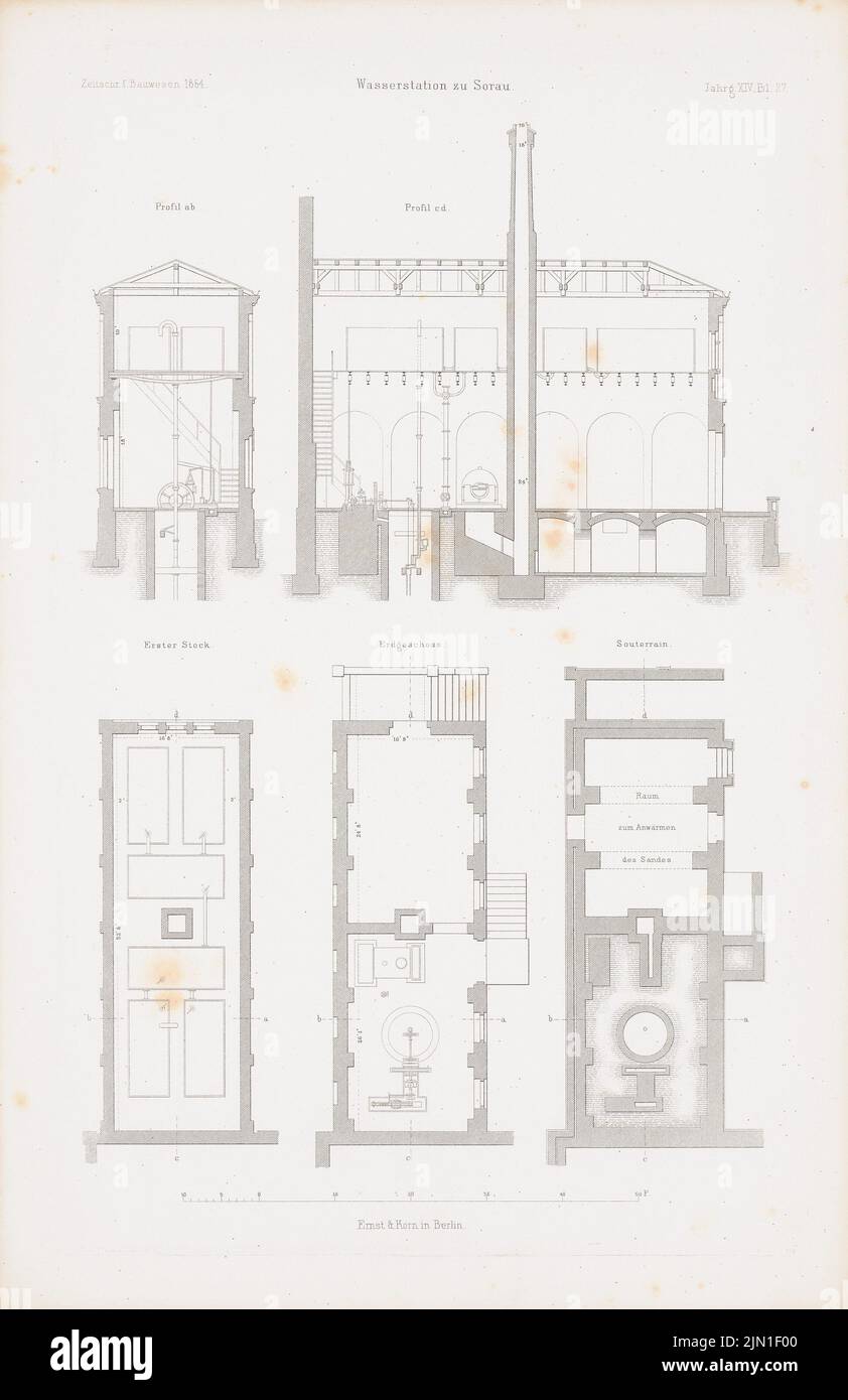 N.N., water station, Sorau. (From: Atlas to the magazine for Building, ed. V. G. Erbkam, Jg. 14, 1864.) (1864-1864): Grundriss Keller, EG, 1st floor, cut A B, STECH AST on paper, 45.1 x 29.3 cm (including scan edges) N.N. : Wasserstation, Sorau. (Aus: Atlas zur Zeitschrift für Bauwesen, hrsg. v. G. Erbkam, Jg. 14, 1864) Stock Photo