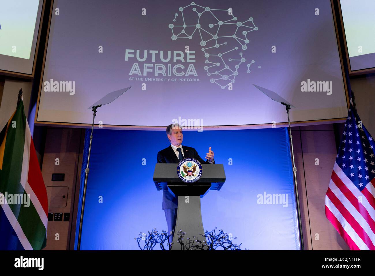 U.S. Secretary of State Antony Blinken gives a speech on the U.S. Africa Strategy at the University of Pretoria's Future Africa Campus in Pretoria, South Africa, August 8, 2022. Andrew Harnik/Pool via REUTERS Stock Photo