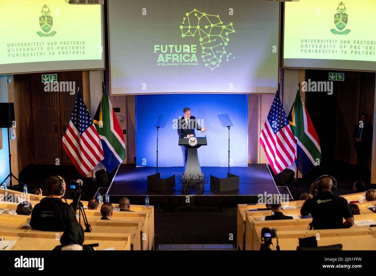 U.S. Secretary of State Antony Blinken gives a speech on the U.S. Africa Strategy at the University of Pretoria's Future Africa Campus in Pretoria, South Africa, August 8, 2022. Andrew Harnik/Pool via REUTERS Stock Photo