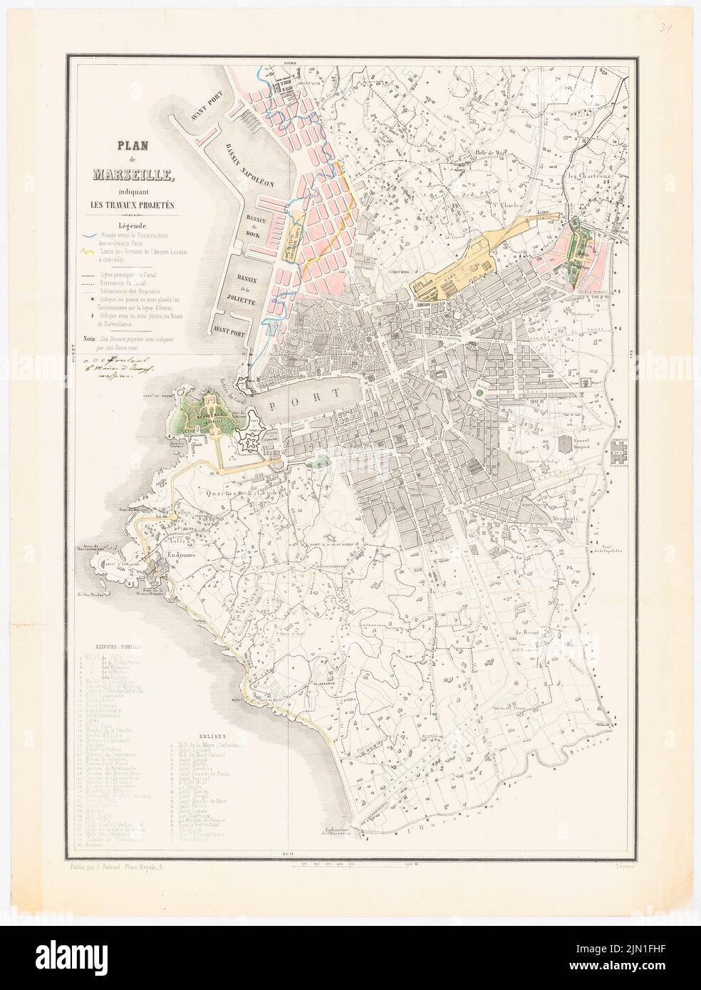 N.N., Map of Marseilles (without Dat.): Map of Marseilles, scale bar. Print colored on paper, 50.6 x 38.3 cm (including scan edges) N.N. : Karte Marseilles Stock Photo