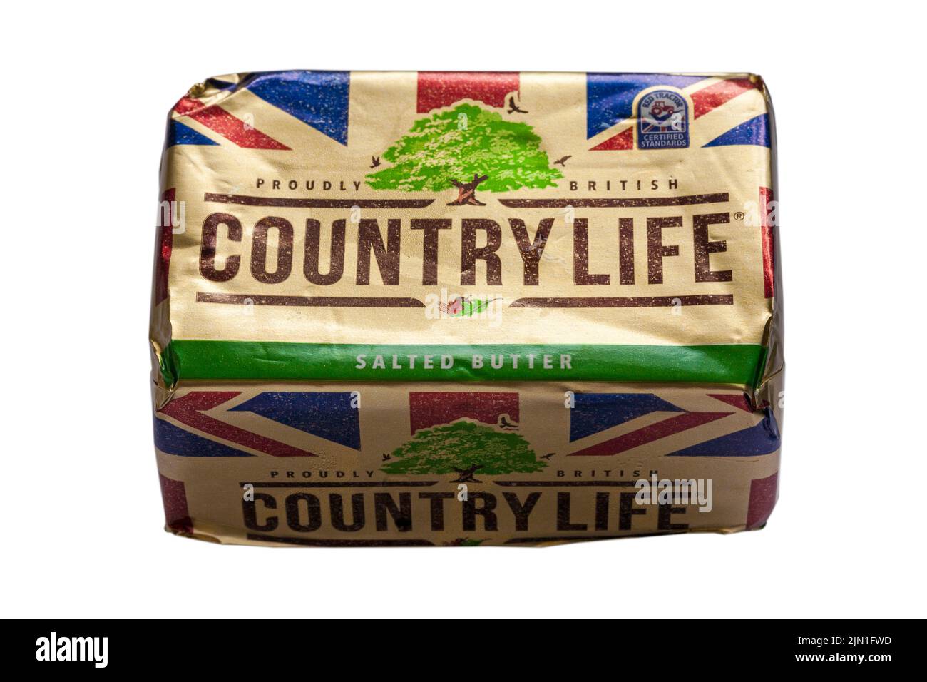 Pack of Country Life salted butter proudly British isolated on white background - red tractor certified standards Stock Photo