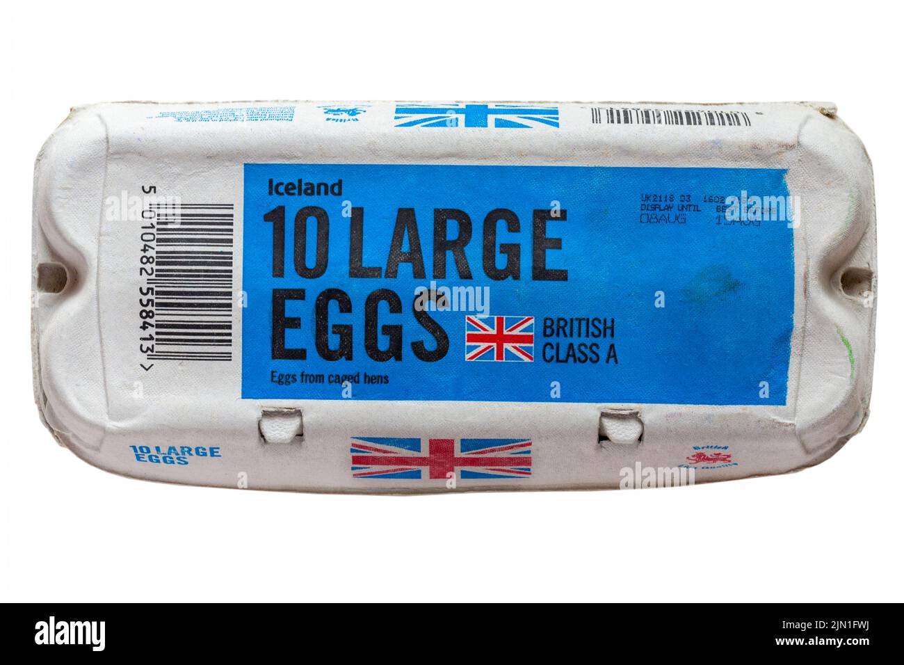 10 large eggs from Iceland shop British Class A eggs from caged hens isolated on white background Stock Photo