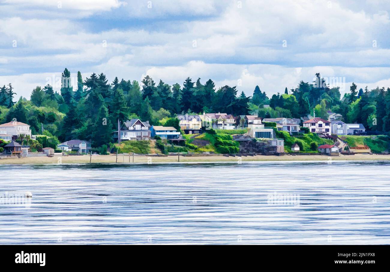 Waterfront view homes at Dash Point, Washington. Stock Photo