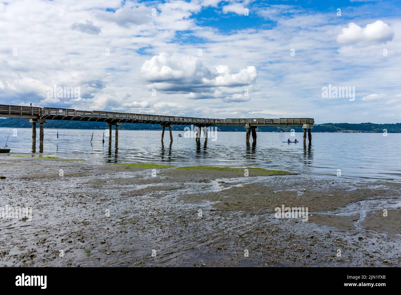 A view of the pier at Dash Point, Washington with the tide out. Stock Photo