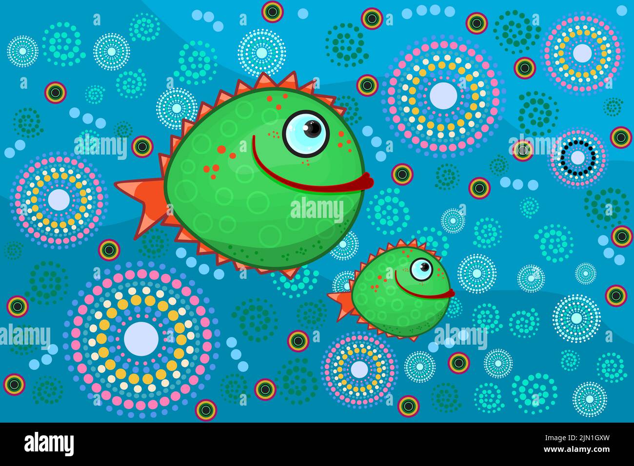 Aboriginal dot art painting with fish. Underwater life concept. Sea with fishes in decorative ethnic style. Australia aboriginal style of dot painting Stock Vector