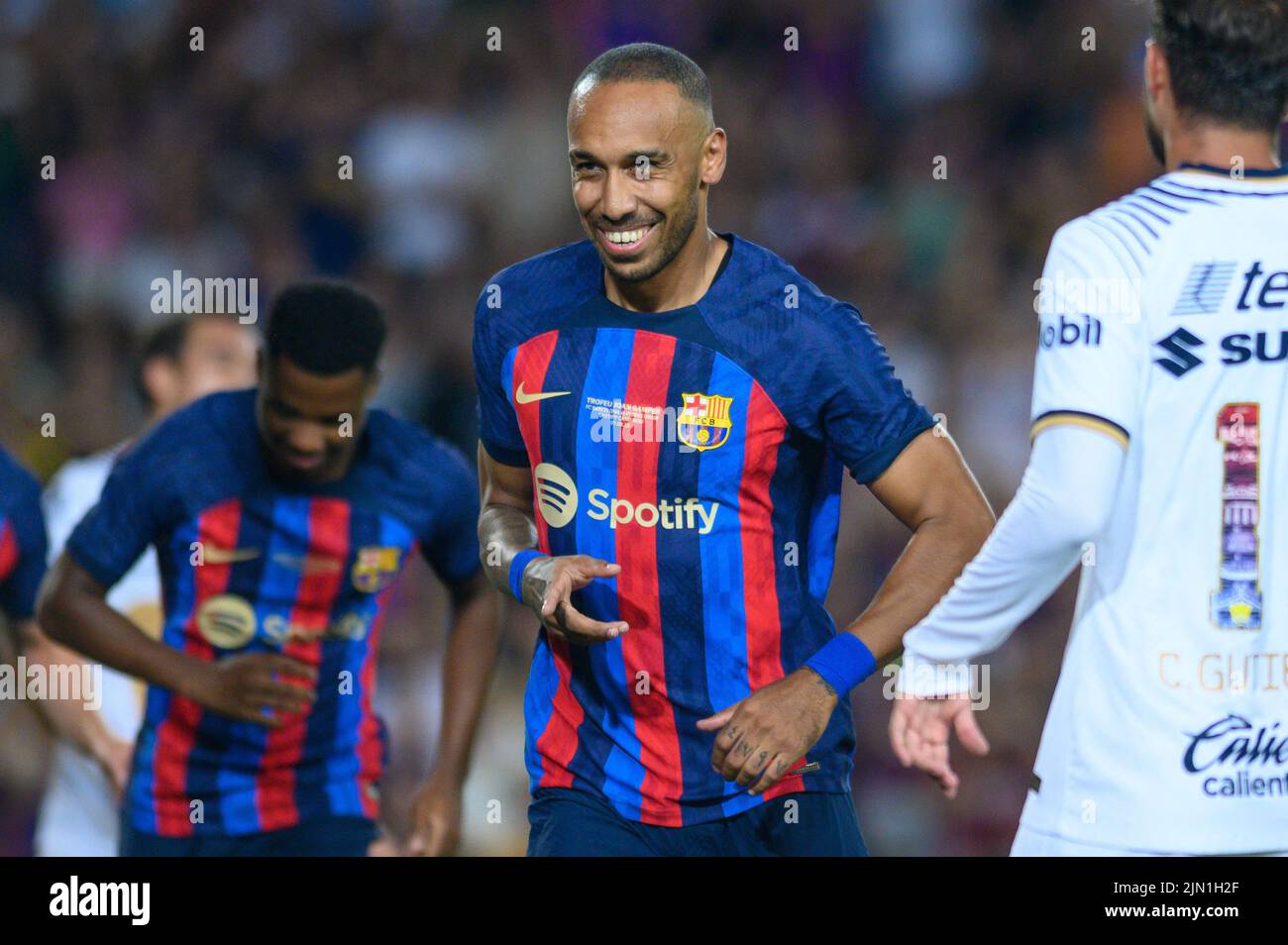 Pierre-Emerick Aubameyang of FC Barcelona celebrate a goal during the Joan Gamper Trophy match between FC Barcelona and Pumas UNAM at Camp Nou in Barcelona, Spain. Stock Photo