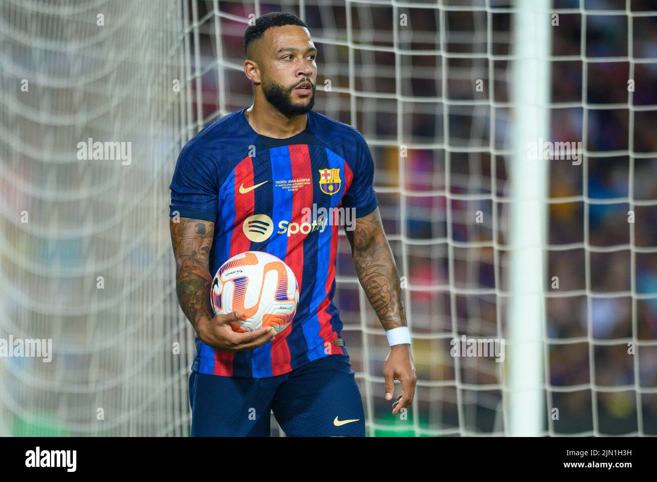 Memphis Depay of FC Barcelona during the Joan Gamper Trophy match between FC Barcelona and Pumas UNAM at Camp Nou in Barcelona, Spain. Stock Photo