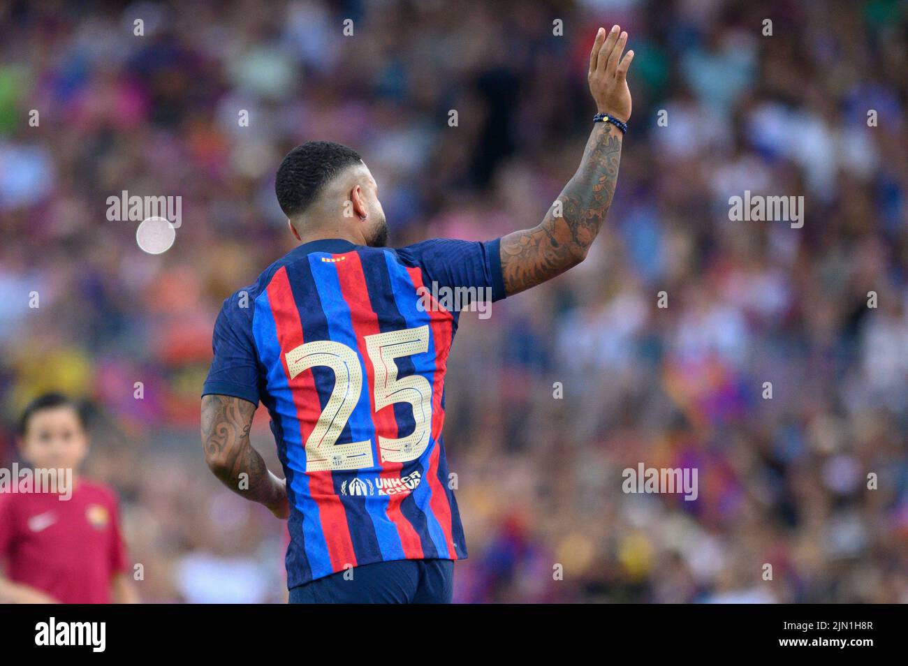 Memphis Depay of FC Barcelona during the Joan Gamper Trophy match between FC Barcelona and Pumas UNAM at Camp Nou in Barcelona, Spain. Stock Photo