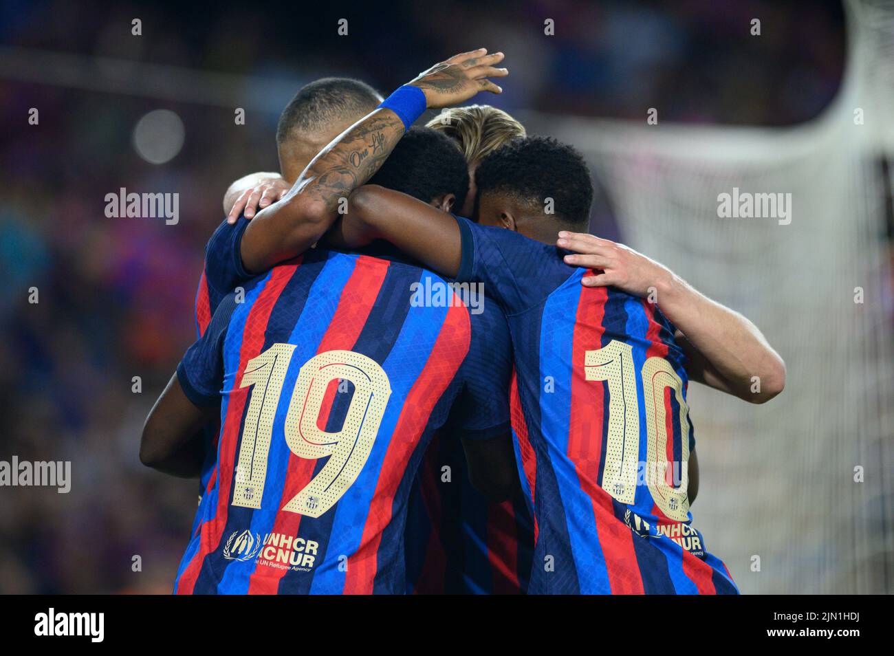 Pierre-Emerick Aubameyang of FC Barcelona celebrate a goal during the Joan Gamper Trophy match between FC Barcelona and Pumas UNAM at Camp Nou in Barcelona, Spain. Stock Photo