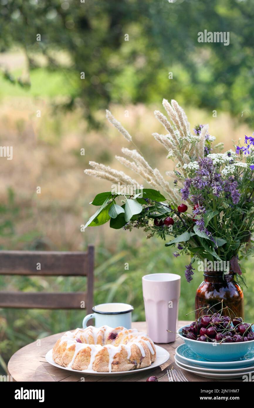 garden and tea party at the country style. still life сherry pie