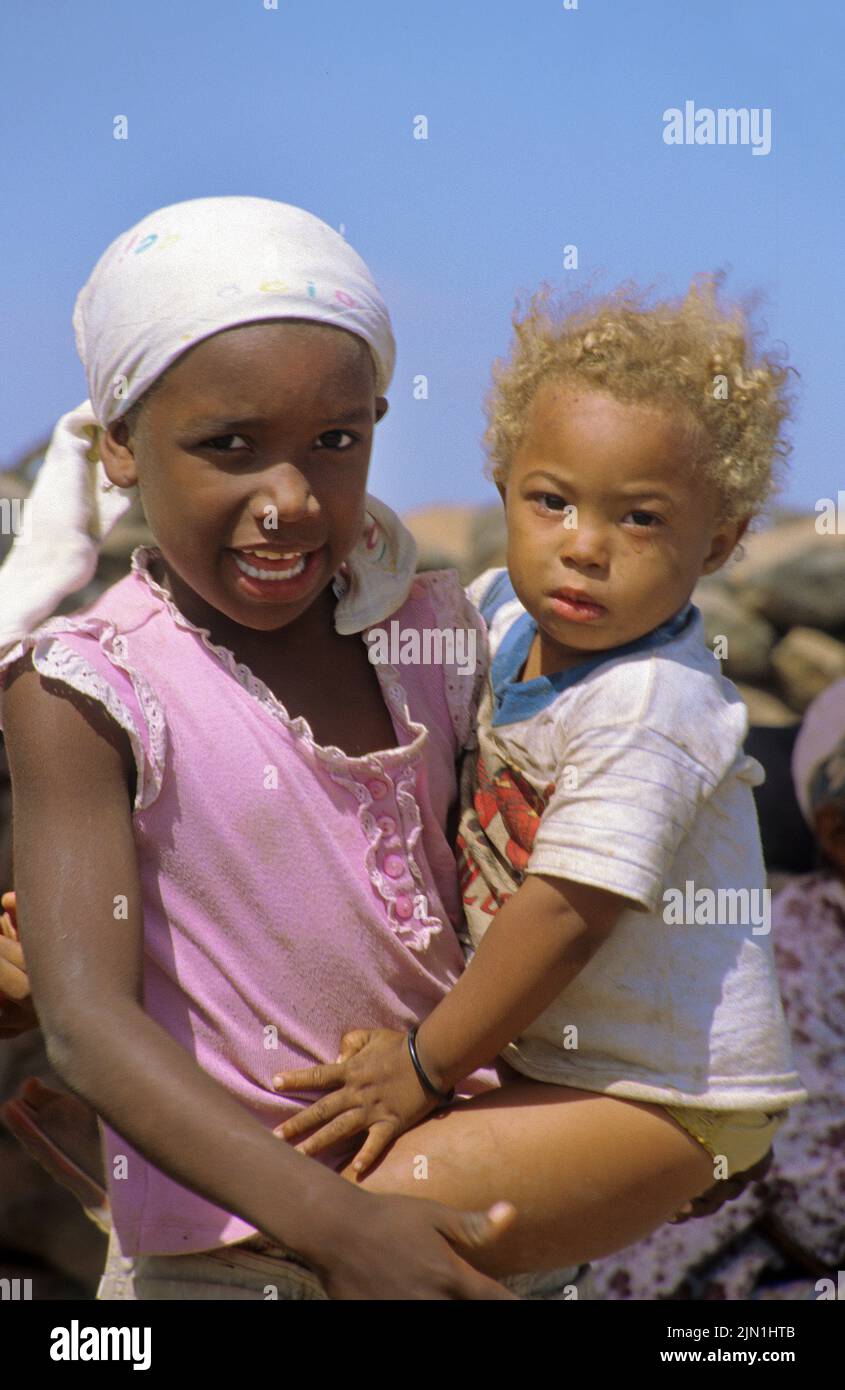 Young girl with a young child, Sal Rei, Boavista, Cape Verde Islands, Africa Stock Photo