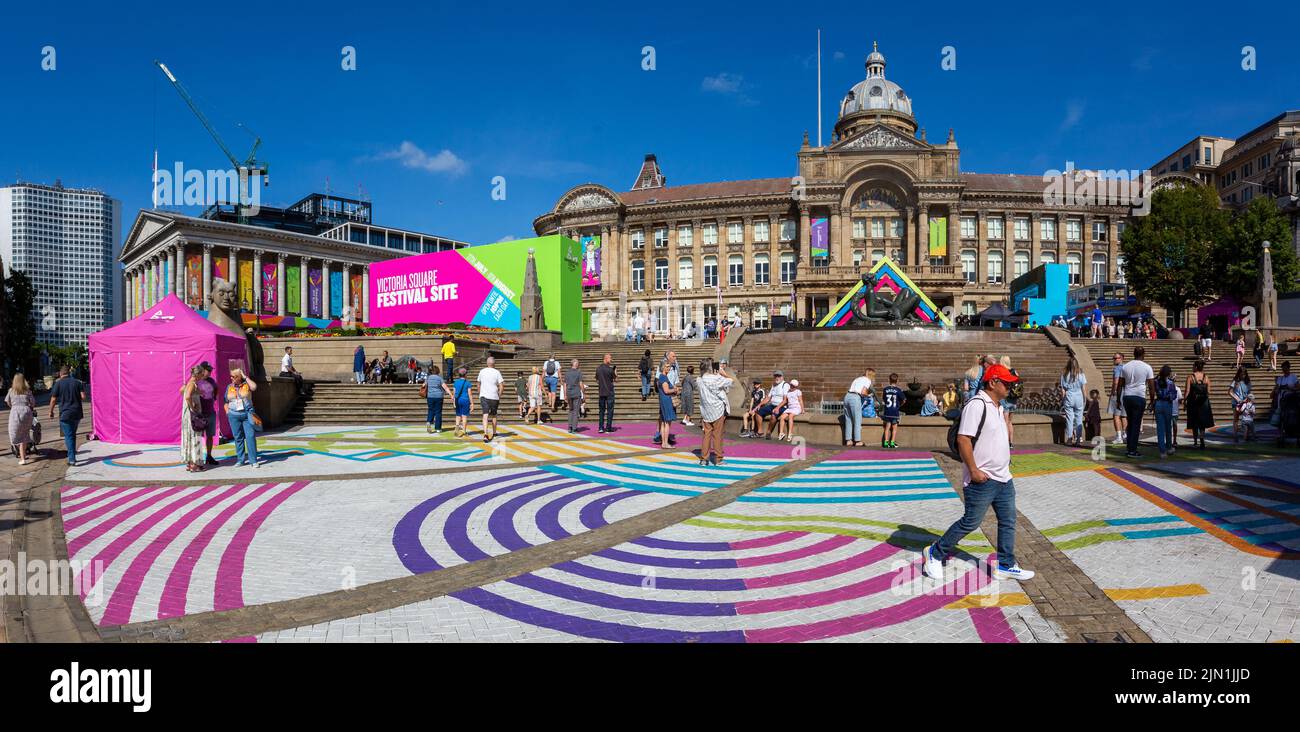 landscape view of The Commonwealth Games 2022 Festival Site in Victoria Square, Birmingham with the ancient British architecture of the Council House Stock Photo