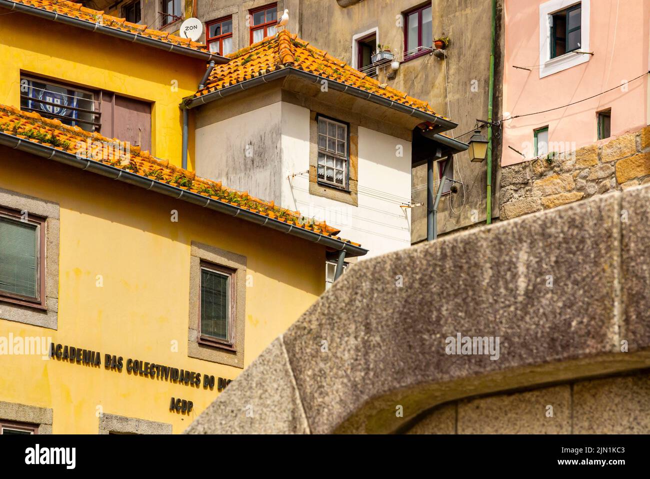 View looking up towards buildings in the centre of Porto a major city in northern Portugal. Stock Photo