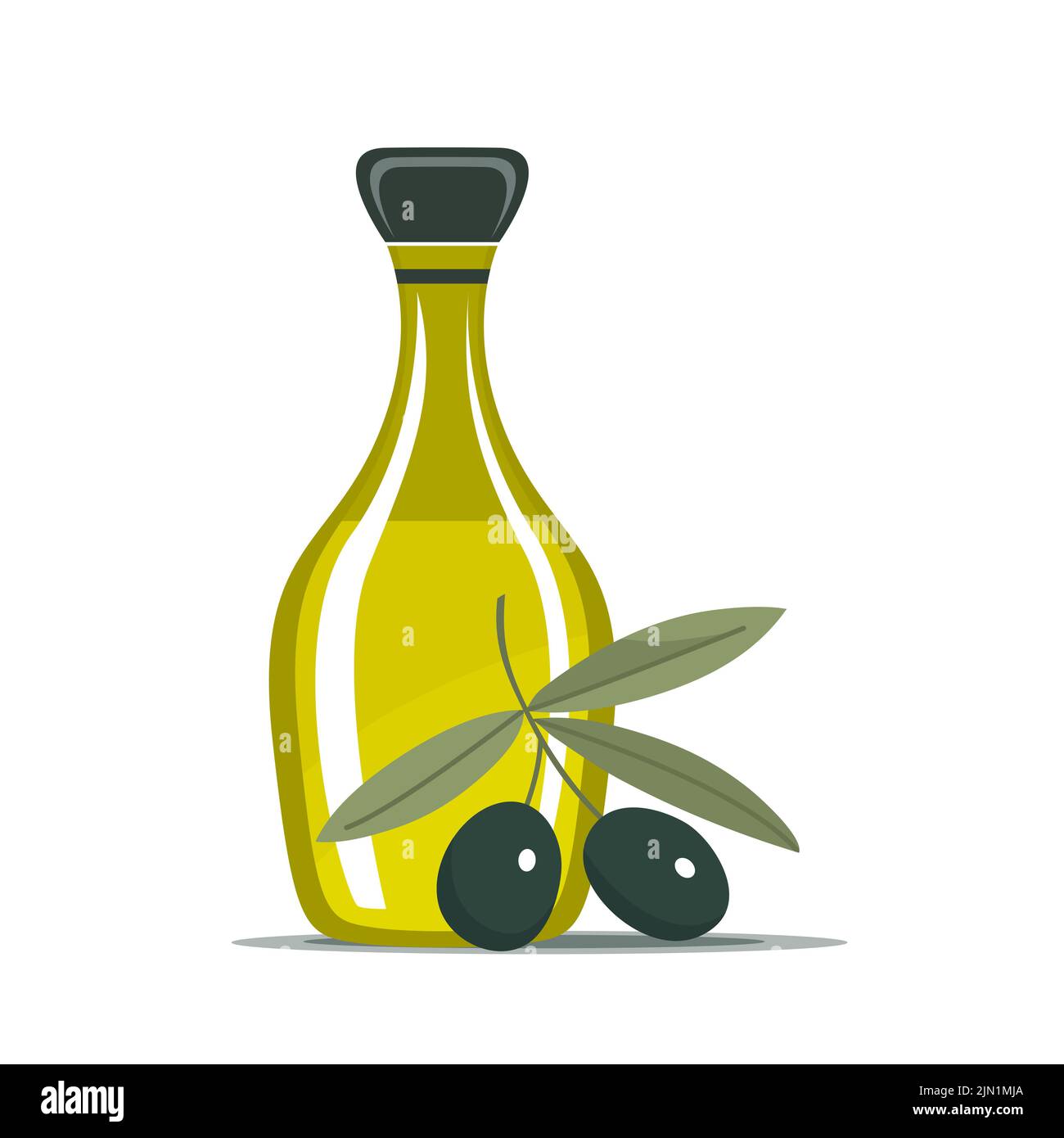 Glass bottle of olive oil. Branch of olive. Italian cuisine. Useful ...