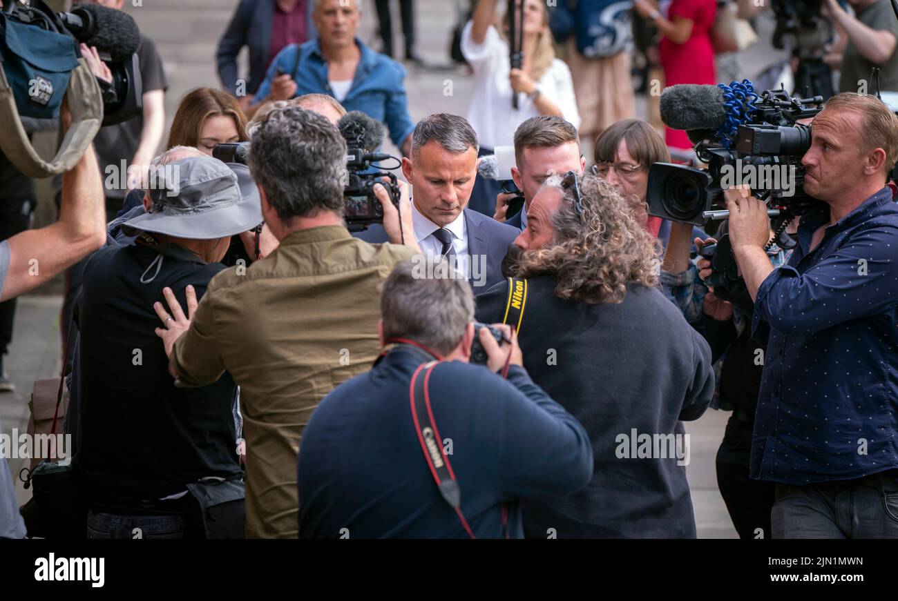 Former Manchester United footballer Ryan Giggs leaves Manchester Minshull Street Crown Court where he is accused of controlling and coercive behaviour against ex-girlfriend Kate Greville between August 2017 and November 2020. Picture date: Monday August 8, 2022. Stock Photo